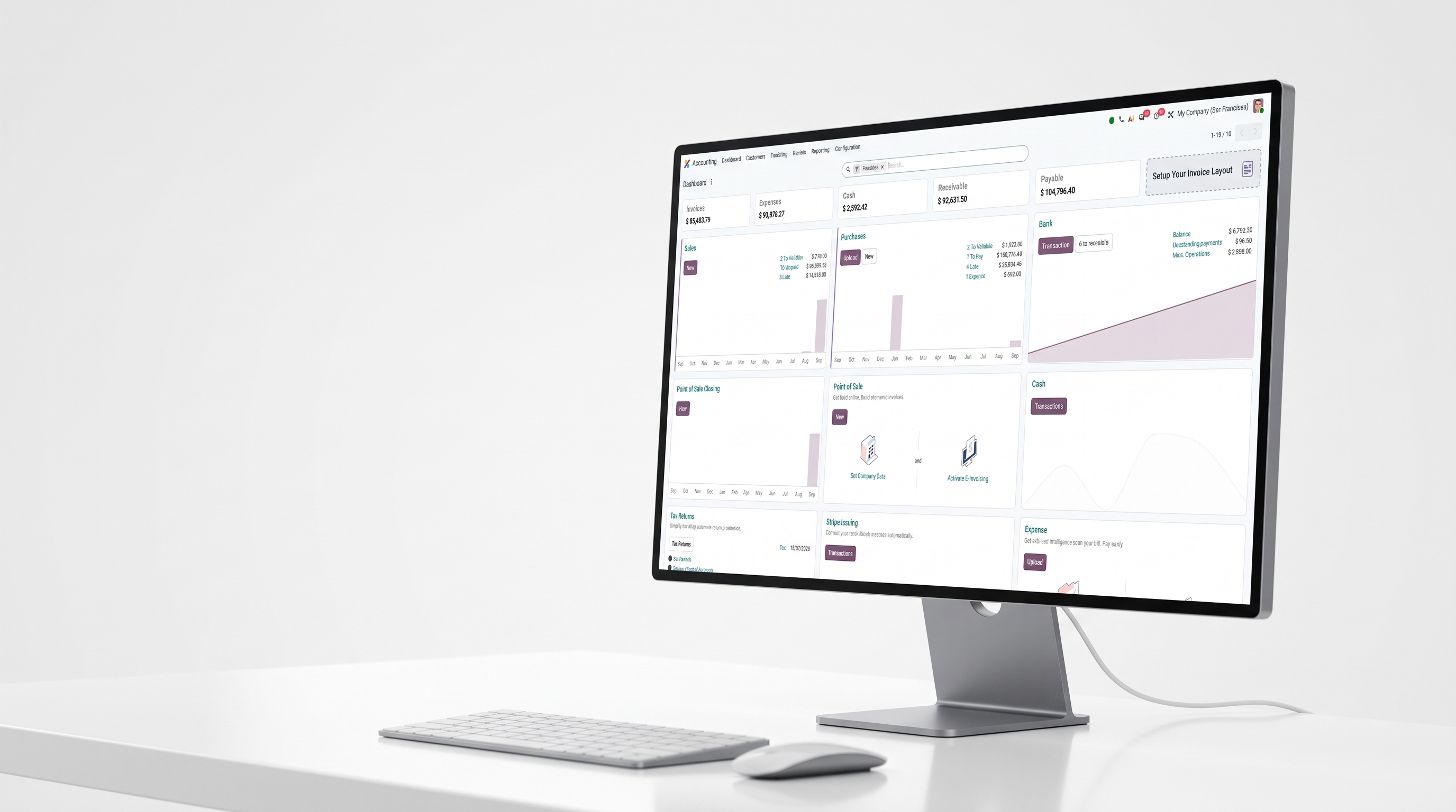 Odoo Accounting dashboard on a professional studio monitor